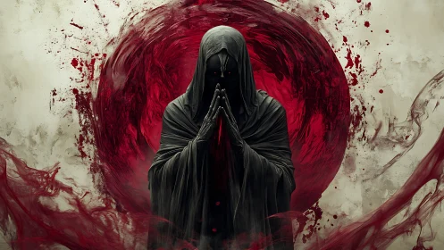 Hooded dark figure stands before swirling red circle