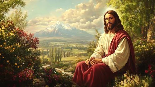 Peaceful robed figure rests in a sunlit garden of blossoms