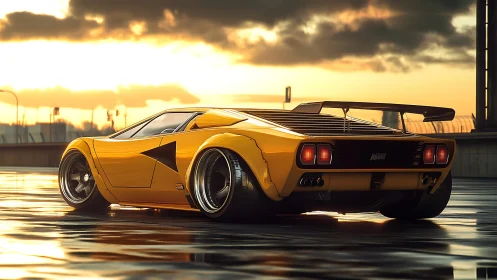 Low-slung yellow supercar glows against wet runway sunset
