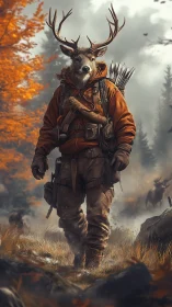 Anthropomorphic stag ranger strides through misty autumn forest