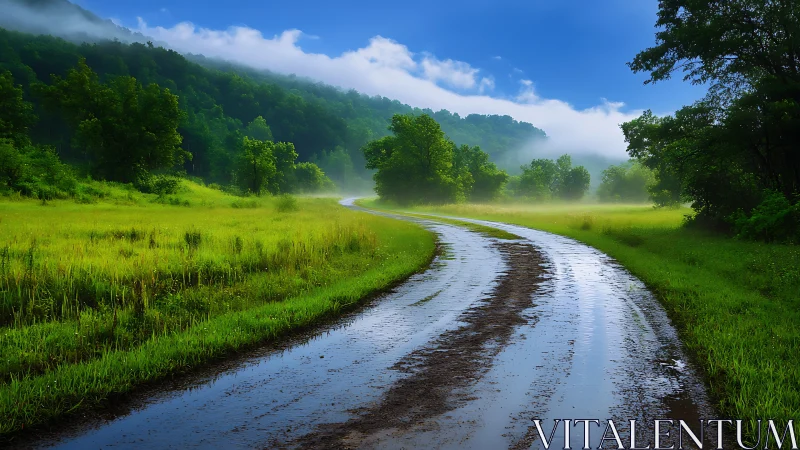 Rainwashed country lane curls into misty emerald silence