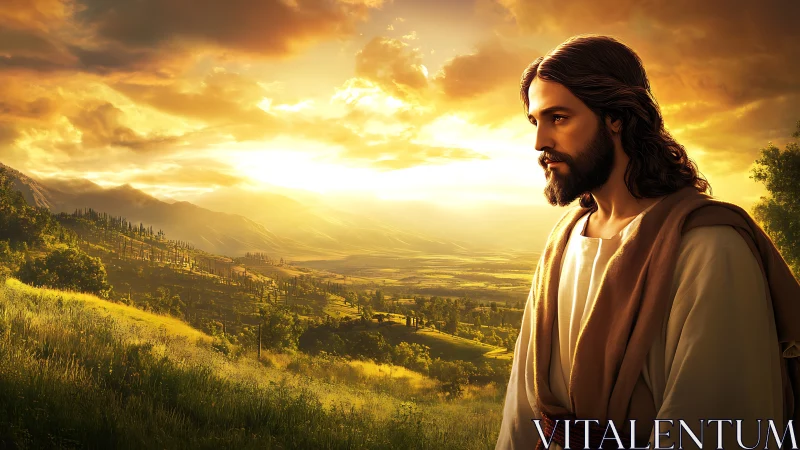 Messianic figure in sunlit valley with cinematic golden sky.