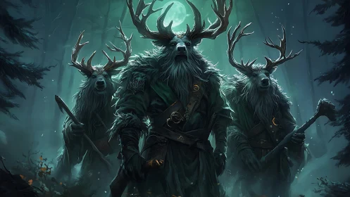 Antlered forest guardians stalk misty moonlit woodland