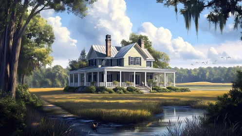 Country farmhouse with wraparound porch by quiet marsh.