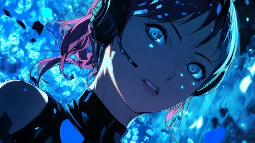 Neon-illuminated cybernetic operator in blue data cascade.