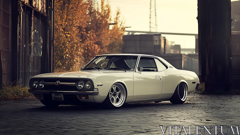 Lowered vintage coupe parked in moody industrial yard.