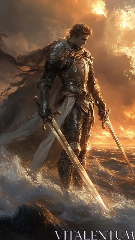 Sunlit sea-warden knight rises with twin blazing blades.