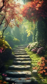 Sunlit stone stairway winding through enchanted garden glow.