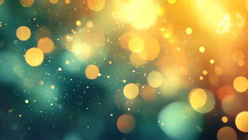 Golden teal bokeh lights blur with floating particle glow.