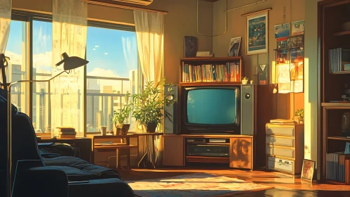 Late afternoon sun warming a retro Tokyo living room.