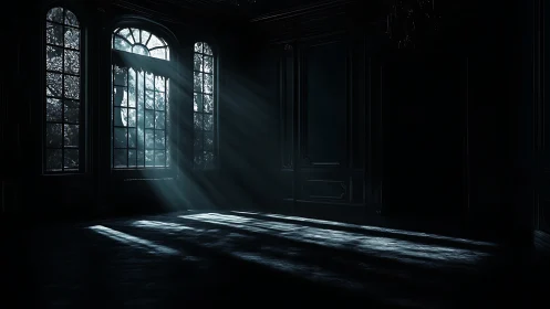 Sunlight entering dark interior through tall arched windows.