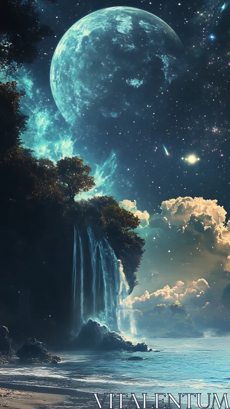 Celestial waterfalls pour into a tranquil starlit shoreline