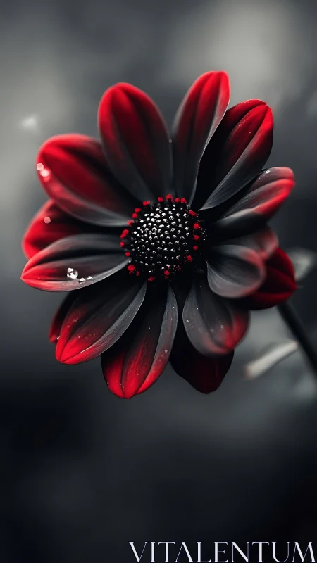 Red and black flower macro against blurred gray background.