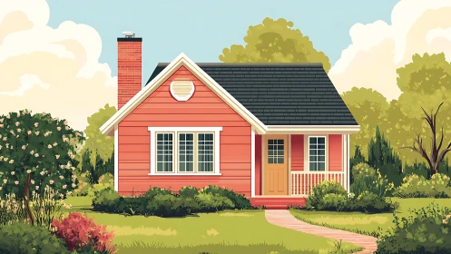 Vibrant gabled cottage with landscaped garden geometry.