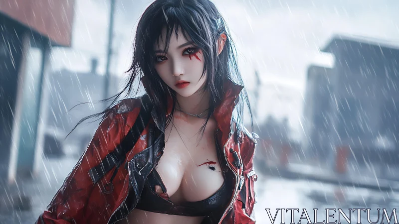 Rain-soaked rebel girl stalks the neon-bleached city streets.