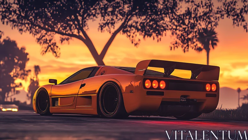 Low-slung orange supercar idles at dusk on palm-lined road
