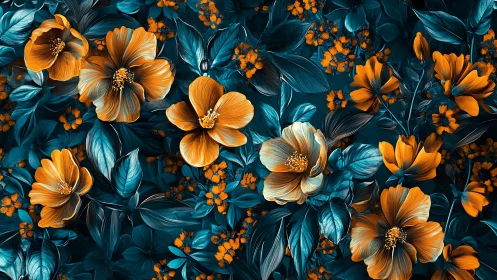 Golden Blooms Against Deep Teal: Layered Floral Composition Study.