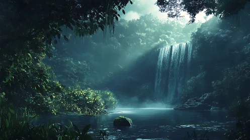 Calm rainforest waterfall with mist over shaded pool.