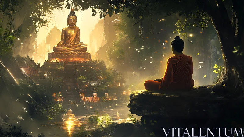 Meditating monk faces luminous golden Buddha statue