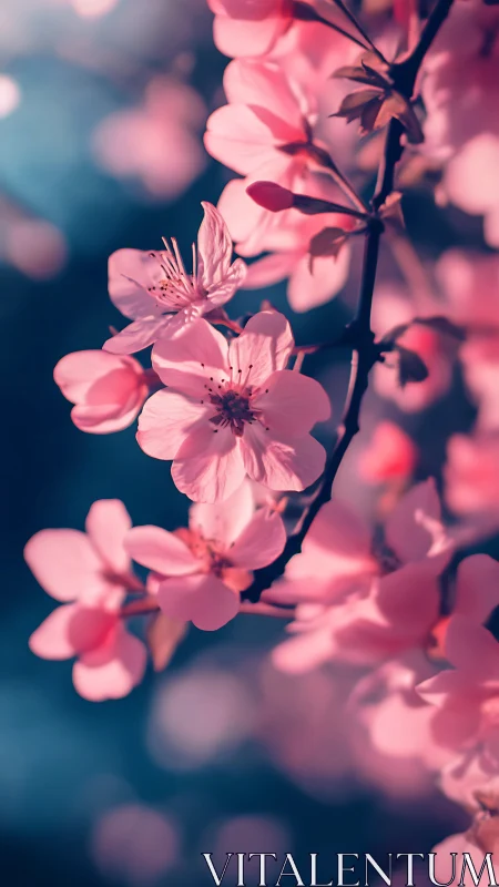 Pink Cherry Blossoms on Branch Against Blue Background