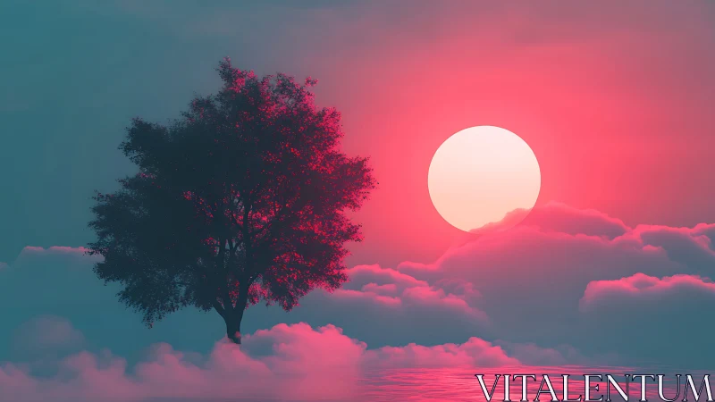 Solitary tree silhouetted in neon pink celestial sunset.