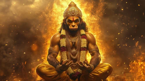 Fire crowned yogi Hanuman holds stillness in molten light