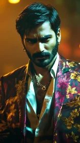 Boldly lit man in floral jacket commands the vibrant night