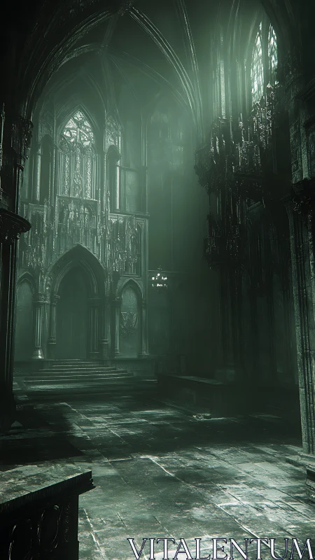 Gothic cathedral interior glows with eerie green light