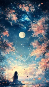 Moonlit petal cascade above a lone dreamer by the water.