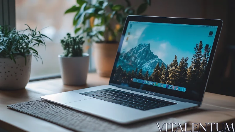 Open laptop on wooden desk beside potted green plants.
