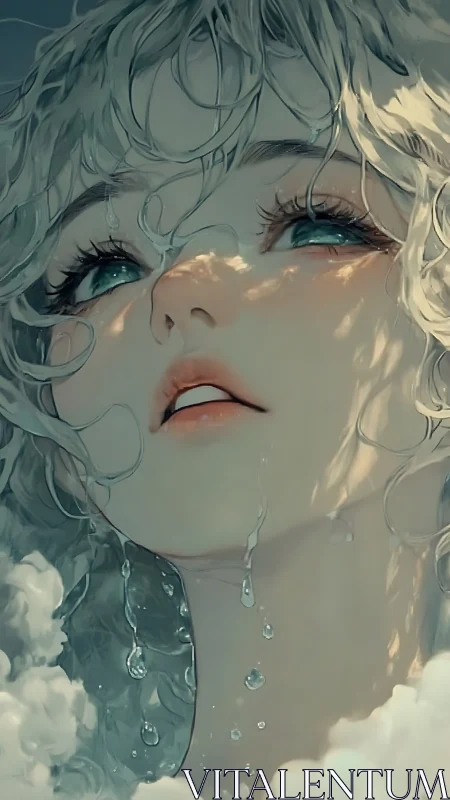 Ethereal anime portrait in aqueous light and cloud diffusion.
