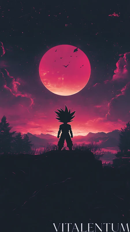 Stargazing warrior silhouette welcomes a glowing pink moon