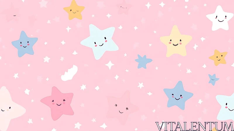 Smiling pastel star friends drift across a cotton candy sky.