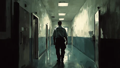 Solitary guard patrols a dim, sterile institutional corridor.