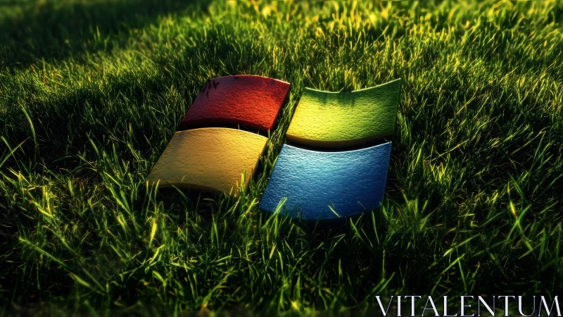Windows logo in vibrant 3D style resting on sunlit green grass.