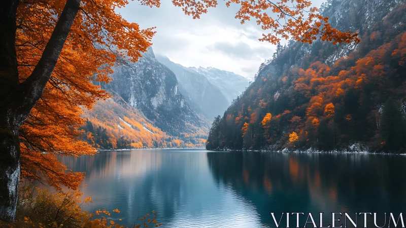Mountain lake mirrors vivid orange autumn forest glow.