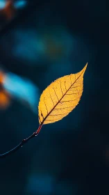 Single golden leaf glows softly against deep blue dusk