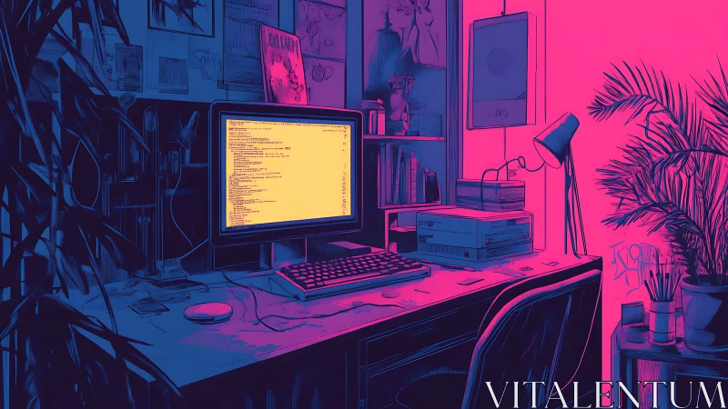Retro programmer desk in neon magenta and cyan lighting.