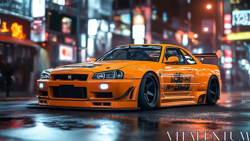 Neon-lit orange drift car rendered in cinematic urban rain.