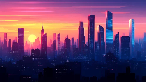 Neon sunset skyline glows above a futuristic cityscape.