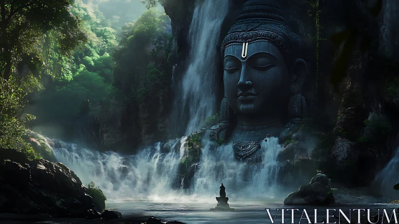Colossal Buddha waterfall shrine within misty jungle gorge.