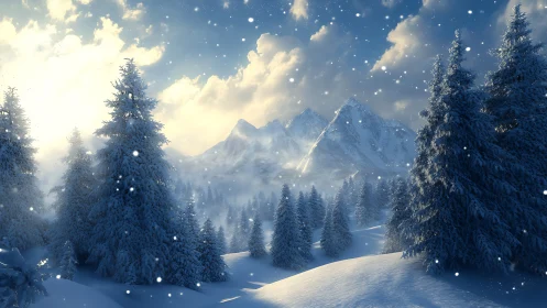 Snow-draped pines cradle mountains glowing in winter light