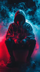 Hooded figure in neon smoke with intense red blue lighting.