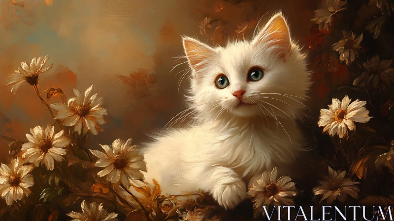 White Fluffy Kitten With Heterochromatic Eyes Among Golden Daisies