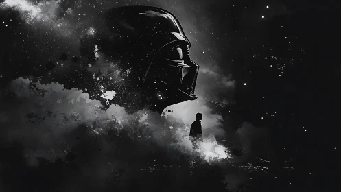 Monochrome galactic silhouette merges figure and helmet profile