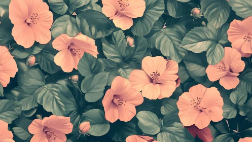 Subtropical Hibiscus Florals: Soft Coral Blooms Against Verdant Foliage Composition