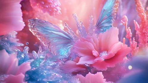 Crystal butterfly wings over glowing pink fantasy flower.