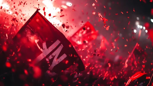 Red flags and confetti in dense stadium celebration scene.