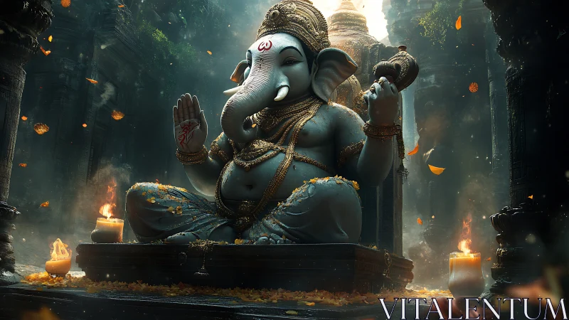 Ganesh idol glows in incense-lit stone temple sanctum.