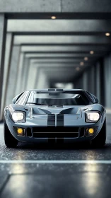 Classic racing coupe fronts tunnel under soft overhead lights